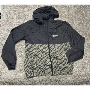 Volcom Windbreaker Jacket Medium Black/Camo x Cheetah Water-Resistant Hood 600MM